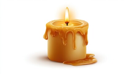 A lit, short candle with melted wax dripping down its sides, set against a clean white background