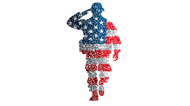Soldier saluting with flag in background stylized icon isolated on transparent background 