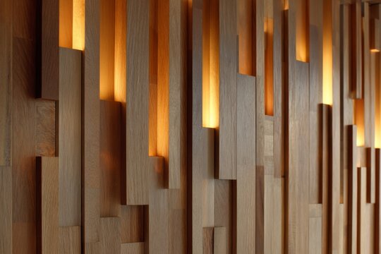 Vertical natural wood wall panels with hidden backlighting in soft glow.