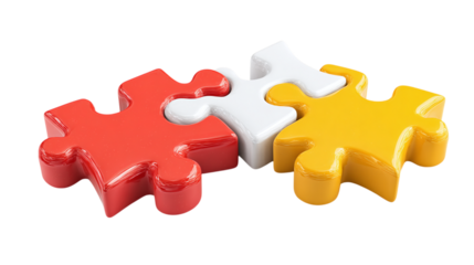 Puzzle pieces connecting team roles or goals isolated on transparent background 