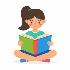 A cartoon girl sits cross-legged, engrossed in reading an open book.