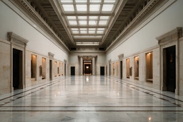 Symmetrical museum hallway with marble flooring