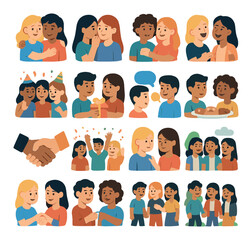 Diverse group of cartoon friends socializing and celebrating in various activities