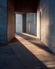 Sunrise casting long shadows through open minimalist corridor.
