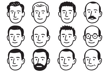 Collection of simple line drawn male character faces with unique features, bald heads, beards, mustaches, glasses, and diverse haircuts