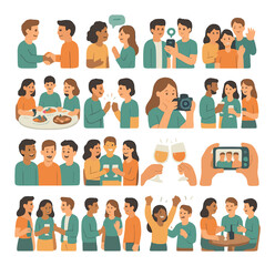 Diverse group socializing and dining in various scenarios