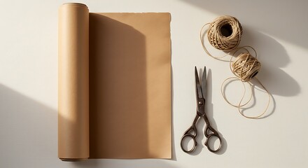 Crafting Essentials: A still life captures a roll of brown craft paper alongside scissors and twine, ready for a creative endeavor or gift wrapping.