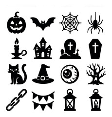 Spooky halloween silhouettes: pumpkin, bat, spider, spiderweb, haunted house, witch hat, lantern