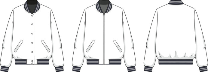White bomber jacket front, side, back view, fashion sketch, garment template, apparel design, cad drawing flat vector illustration
