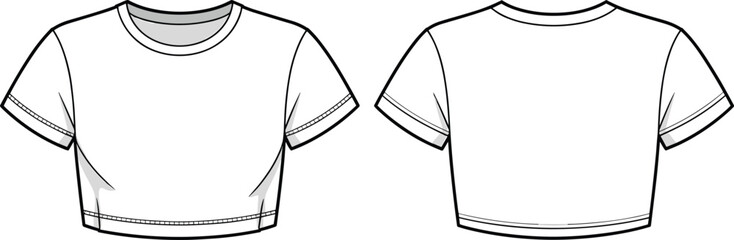 Crop top front and back view, short sleeve, fashion sketch, CAD drawing, flat vector illustration, apparel template, trendy garment design