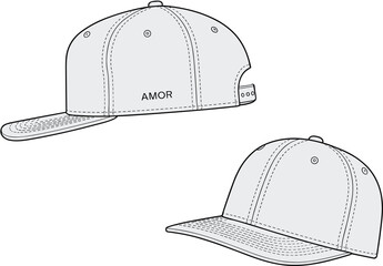 Baseball cap front and side view, AMOR print, CAD drawing, flat vector illustration, fashion accessory, technical sketch, apparel design