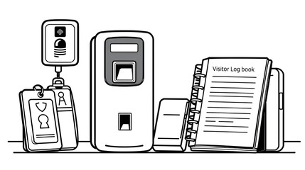 Black and white vector illustration of office security kit including ID scanner, biometric pad, and visitor logbook