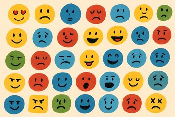 A playful assortment of colorful faces with various expressions, perfect for conveying emotions and moods in vibrant tones