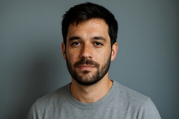 Portrait of a handsome man with freckles, wearing a simple gray shirt, conveying a calm and approachable demeanor with a soft gray background