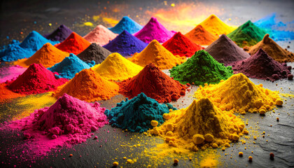 Fototapeta premium Colorful Holi Powders in Diagonal Arrangement. Indian Holi Festival Concept. Generated Image