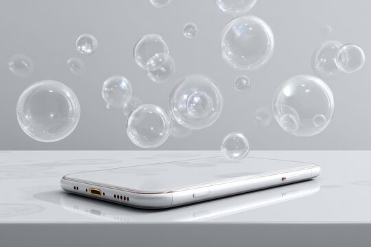 Smartphone held above surface with floating product icons representing online shopping.