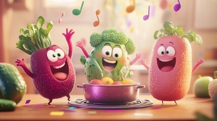 Happy Cartoon Vegetables Singing and Dancing in the Kitchen