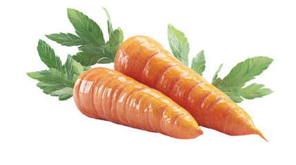 3D icon of two carrots with green leaves, vegetable render, isolated on transparent background 