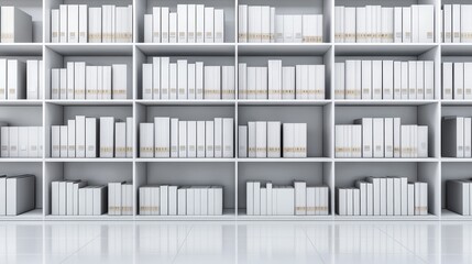 White shelving units filled with many files.