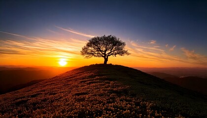 Silhouette of a Tree on a Hilltop at Sunset 