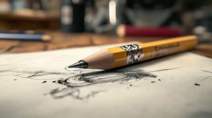 A close up of a yellow pencil on a piece of paper with sketch lines and some pencil shavings around it