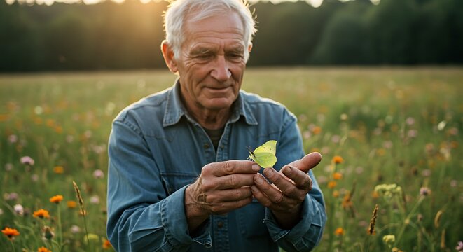 Elderly Nature Enthusiast: An older man is captivated by the delicate beauty of a butterfly on his hand amidst a vibrant meadow, reflecting a connection to nature and serene contemplation.