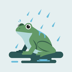 Green frog sitting on a dark surface under falling raindrops vector illustration.