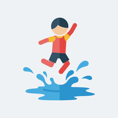 Child jumps in puddle water splash flat vector illustration on white background.