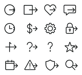 Black arrow icons set: heart, speech, gear, lock, dollar, question, star, shield