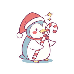 Adorable cartoon penguin wearing a festive Santa hat and holding a striped candy cane, radiating holiday cheer.