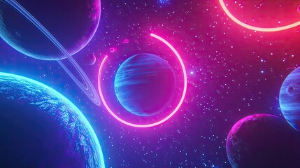 Naklejka premium Neon planets in a vibrant galaxy.