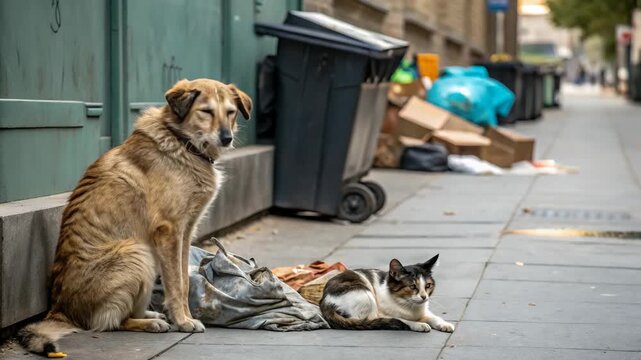 Stray Dog and Cat in an Urban Alleyway
