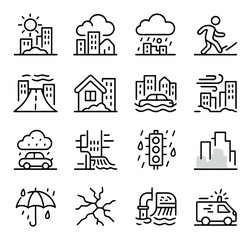 Urban weather and disaster line icons: sun, rain, storm, flood, traffic, earthquake