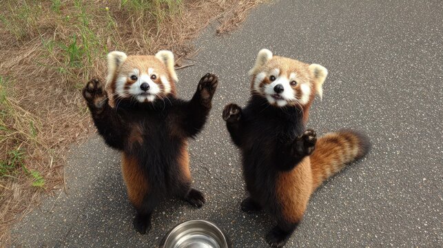Two red pandas standing upright on a road, paws raised, looking directly at the camera.  A shallow depth of field highlights the animals against a dark 