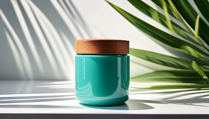 Teal Cream Jar with Wooden Lid in Sunlight and Palm Leaf Shadow White Background