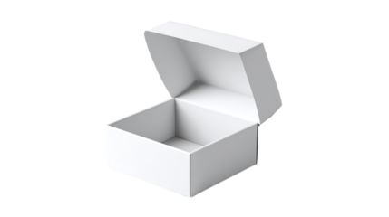 White cardboard box opened for packaging mockup, isolated on transparent background 