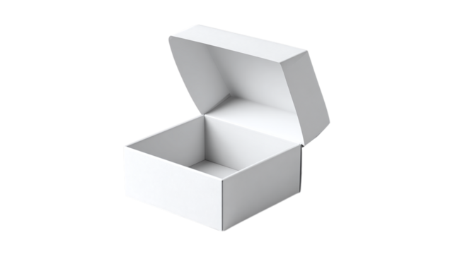 White cardboard box opened for packaging mockup, isolated on transparent background