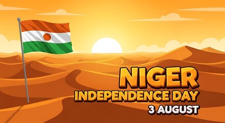 Niger Independence Day Celebration: Flag Waving Over Desert Landscape at Sunset