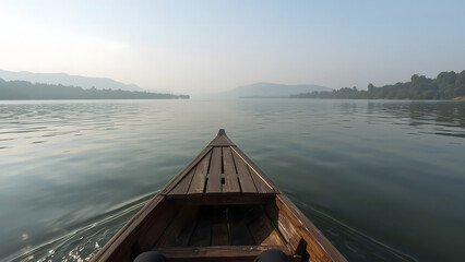 Fototapeta premium A wooden boat glides through calm water towards distant misty mountains.