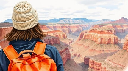 Woman in white wool hat admiring vast purple-red canyon landscape