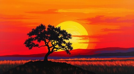 Lone Tree Against Fiery Sunset