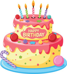 Birthday cake with candles, colorful icing, candy topping, festive dessert, happy celebration, sweet treat, children party stock illustration