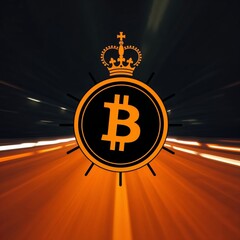 Bitcoin symbol with golden crown in mystical dark clouds and glowing rays