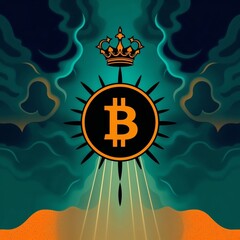 Bitcoin symbol with golden crown in mystical dark clouds and glowing rays