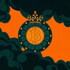 Bitcoin symbol with golden crown in mystical dark clouds and glowing rays