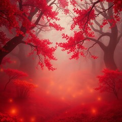 Enchanted Red Forest With Glowing Lights
