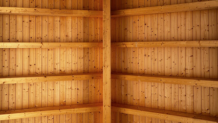 Interior view of a pitched ceiling with exposed wooden beams, architectural detail of rustic or...