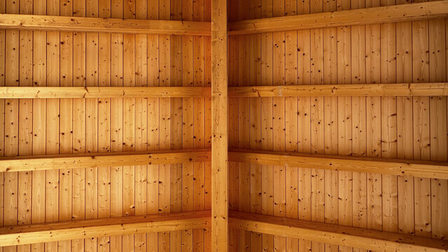 Interior view of a pitched ceiling with exposed wooden beams, architectural detail of rustic or modern construction style.