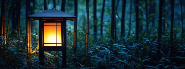 Tranquil Lantern Illuminating Bamboo Forest at Dusk in Nature