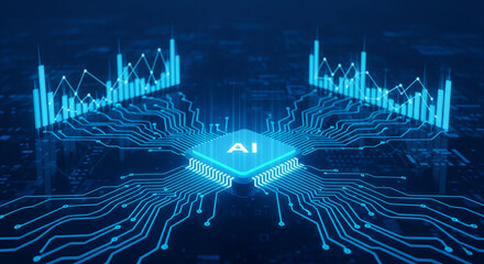 Futuristic ai chip processing data with glowing blue circuits and digital graphs